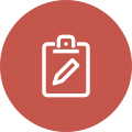 A red circle with an image of a clipboard and pen.
