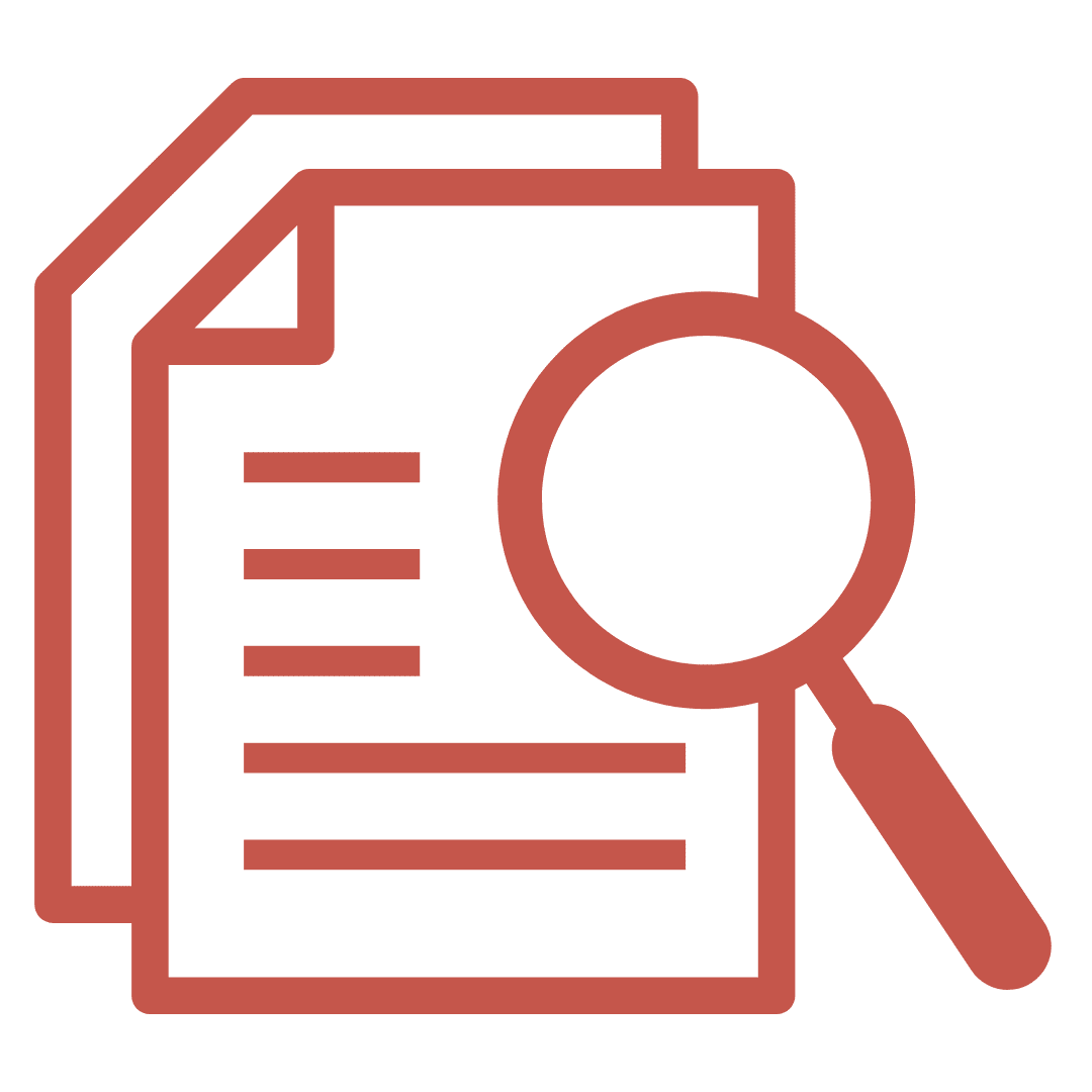 Magnifying glass over documents icon.