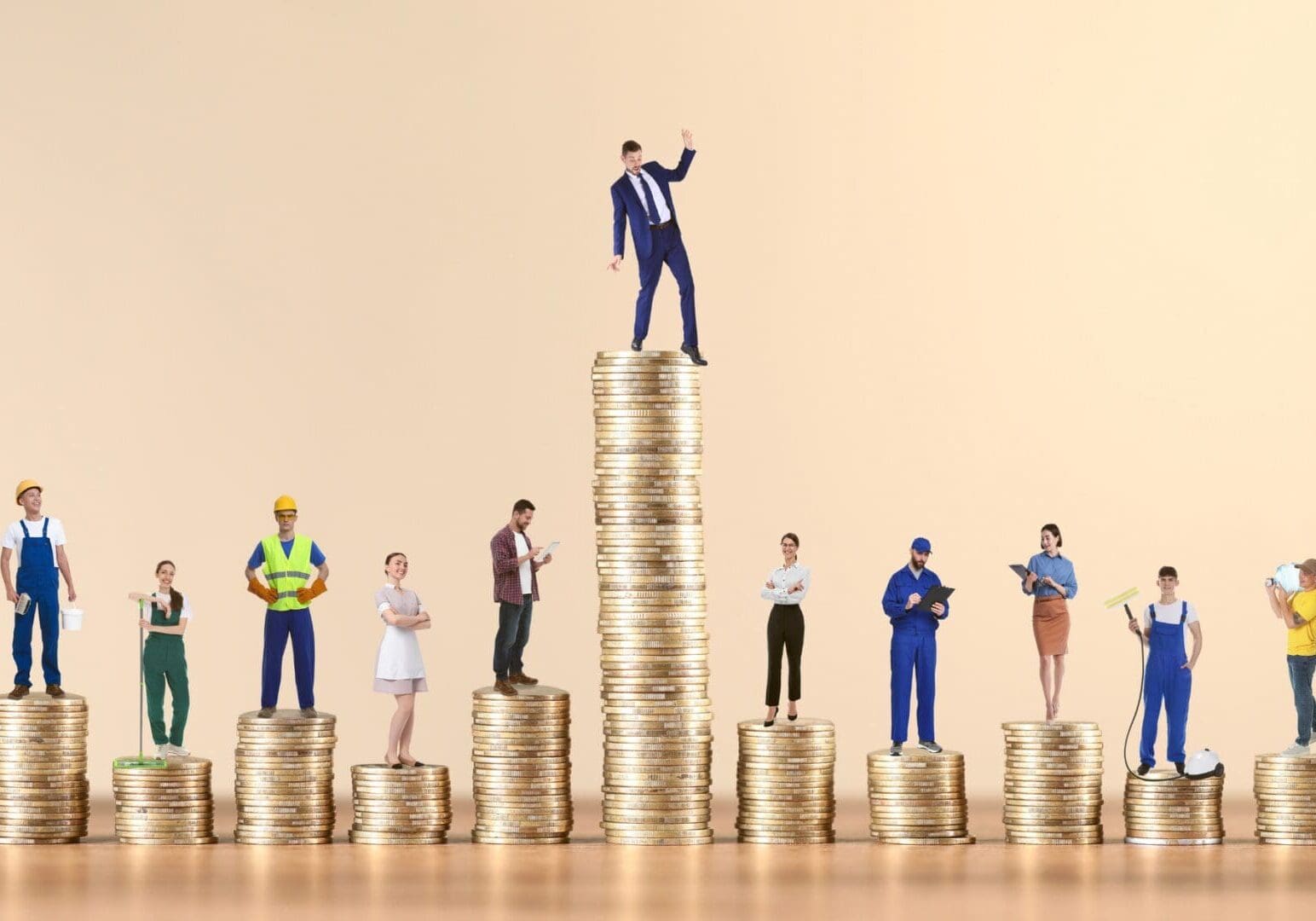 Various workers on uneven stacks of coins